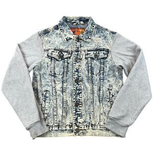 Rolling Paper Acid Wash Distressed Denim Sweatshirt Sleeve Trucker Jacket Size S